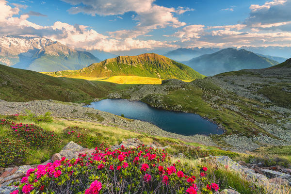 Grom lake at sunset, Mortirolo pass in Lombardy district, Brescia province, Italy.