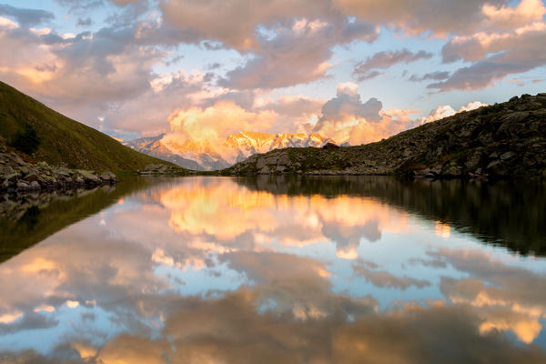 Grom lake at sunset, Mortirolo pass in Lombardy district, Brescia province, Italy.