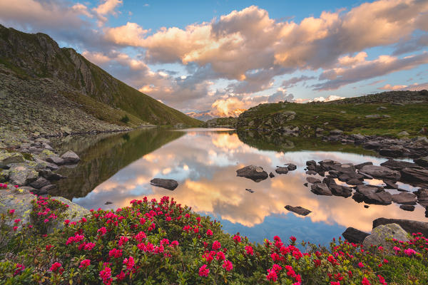 Grom lake at sunset, Mortirolo pass in Lombardy district, Brescia province, Italy.