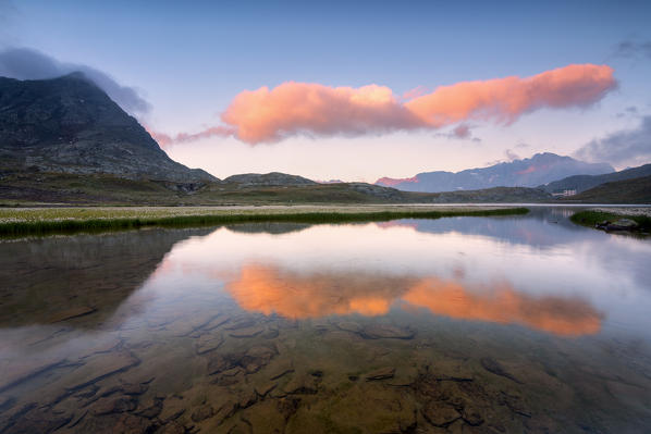 Sunrise in Gavia Pass, White Lake in Lombardy district, Brescia province, italy.