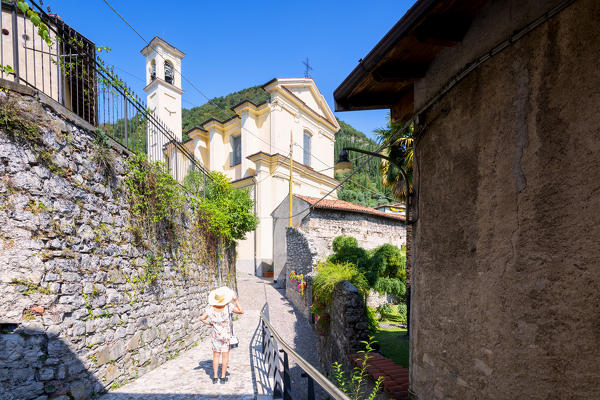 Tourist in the streets of Peschiera Maraglio, Monteisola, Brescia province, lombardy district, Italy.