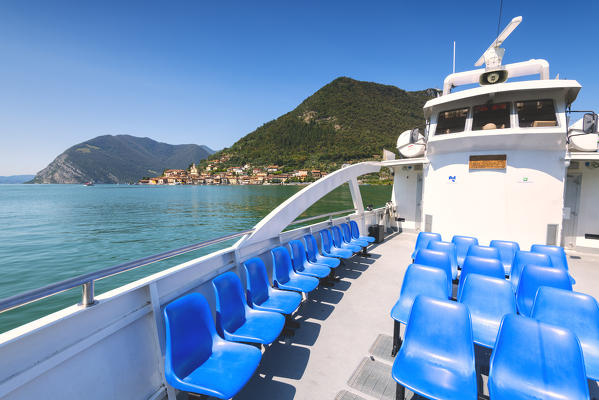 Sailing on Lake Iseo towards Montisola, Brescia province, Lombardy district, Italy.