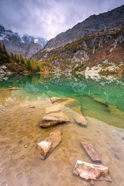 Autumn season in Aviolo lake in Adamello park, Lombardy district, Brescia province, Italy, Europe