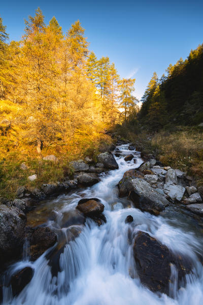 Autumn waterfalls in Valle delle Messi, Ponte di Legno, Lombardy District, Italy.