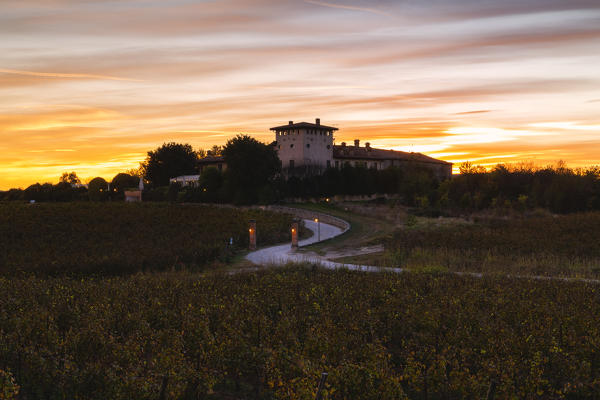 Sunset in Franciacorta at the Locanda al Dossello Restaurant, Brescia province, Lombardy district, Italy.