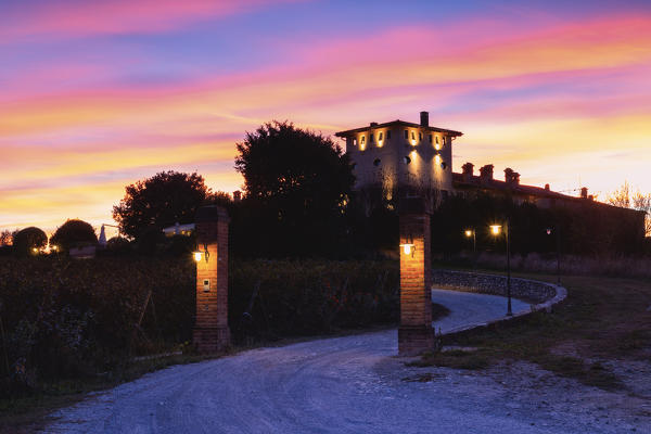 Sunset in Franciacorta at the Locanda al Dossello Restaurant, Brescia province, Lombardy district, Italy.