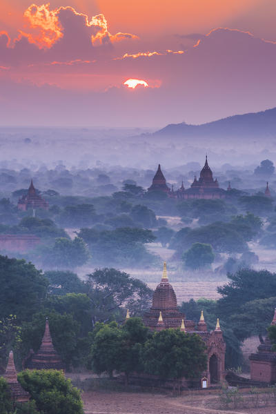 Bagan, Mandalay region, Myanmar (Burma). Pagodas and temples at sunrise.