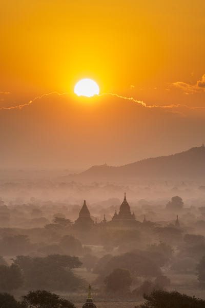 Bagan, Mandalay region, Myanmar (Burma). Pagodas and temples at sunrise.