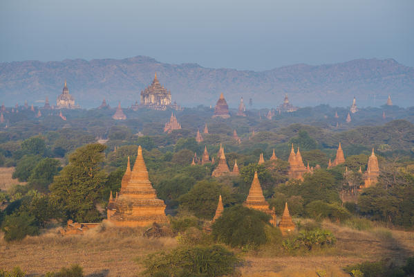 Bagan, Mandalay region, Myanmar (Burma). Pagodas and temples in the early morning.