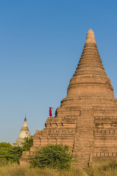 Bagan, Mandalay region, Myanmar (Burma). A young monk watching the Shwesandaw pagoda.