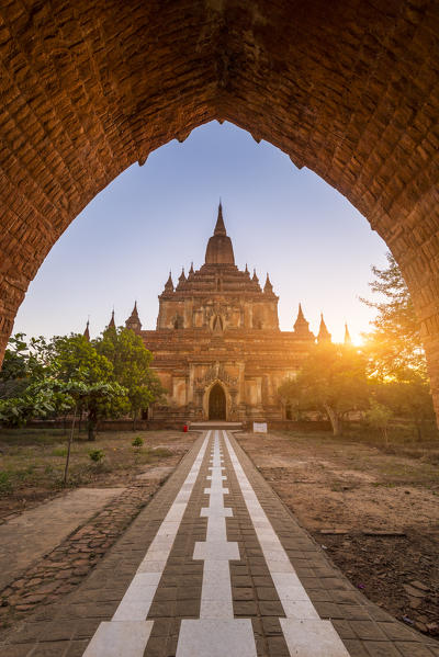 Bagan, Mandalay region, Myanmar (Burma).  Sulamani pagoda entrance at sunrise.