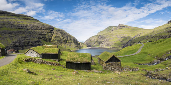 Saksun, Stremnoy island, Faroe Islands, Denmark. Panoramic view of the iconic green roof houses.