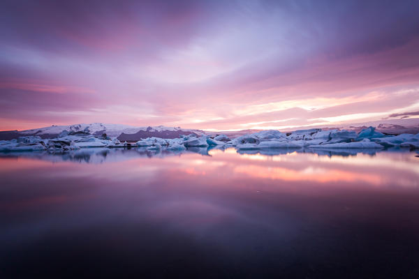 Iceland, Jokulsarlon Glacier Lagoon after a stunning sunset