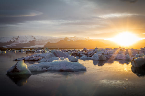 Iceland, Jokulsarlon Glacier Lagoon after a stunning sunset