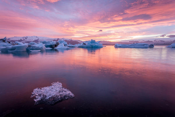 Iceland, Jokulsarlon Glacier Lagoon after a stunning sunset