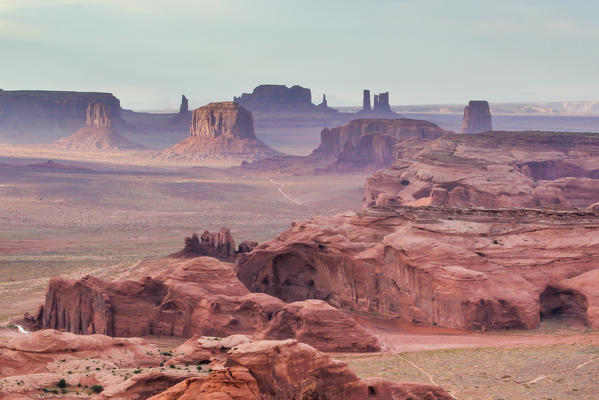 Utah - Ariziona border, panorama of the Monument Valley from a remote point of view, known as The Hunt's Mesa