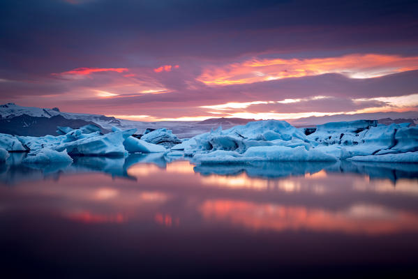 Icebergs at sunset, Jokulsarlon Glacier Lagoon, Iceland