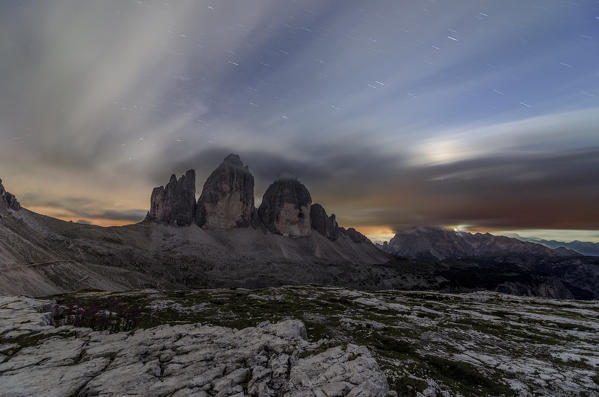 tre cime di Lavaredo, Three peaks of lavaredo, Drei Zinnen, Dolomites, Southtyrol, Veneto, Italy. Moonlight at Tre Cime di Lavaredo