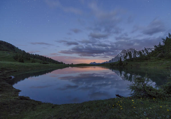 Bivera mount, Lake, Casera Razzo, Vigo di Cadore, Dolomites, Veneto, Carnia, Italy. Casera Razzo