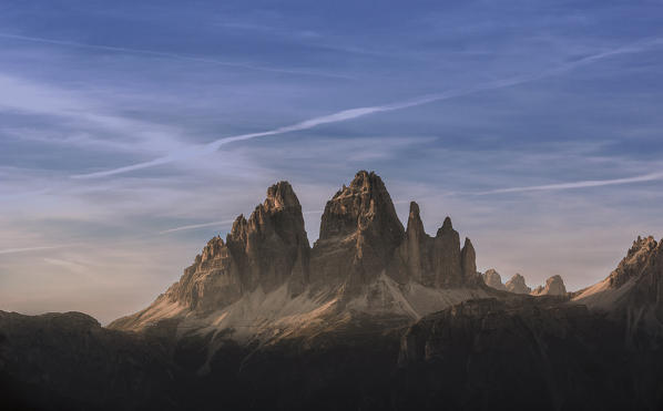 Tre Cime di Lavaredo, Drei Zinnen, Three Peacks of Lavaredo, Dolomites, South Tyrol, Veneto, Italy. Sunset at Tre Cime di Lavaredo