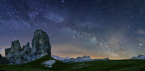 Cinque Torri group, Cortina d'Ampezzo, Veneto, Dolomites, Italy. Milky Way at Cinque Torri