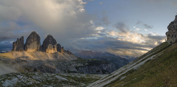 Tre Cime di Lavaredo, Drei zinnen, Three peaks of Lavaredo, Dolomites, South Tyrol, Veneto, Italy. Tre Cime di Lavaredo