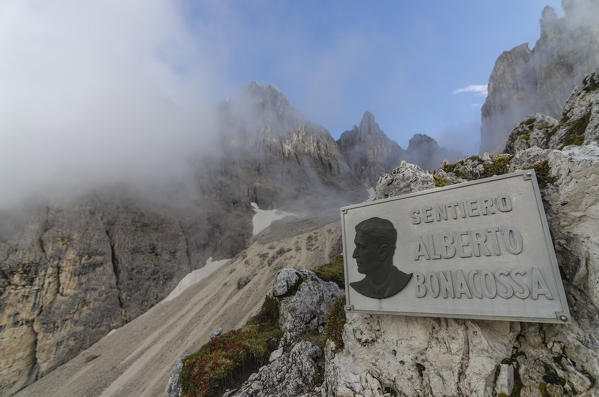 Via Ferrata Bonacossa, Cadini di Misurina, Belluno,Veneto, Dolomites, Italy. Via ferrata Bonacossa's plaque.