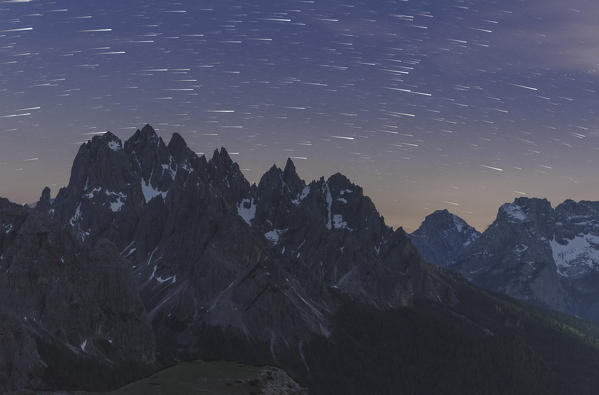 Cadini di Misurina, Dolomites, Veneto, Belluno, Italy. Startrail over Cadini di Misurina