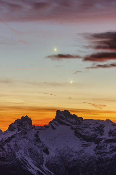 Venus, Mercury, Tamer Grande, Dolomites, Veneto, Belluno, Italy. Sunset over Tamer Grande