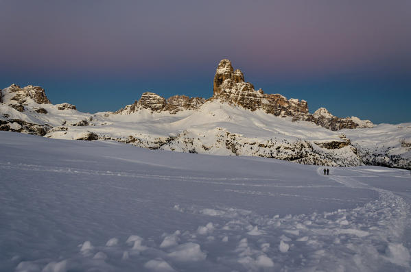 Tre Cime di Lavaredo, Piana mount, Drei Zinnen, Three peaks of Lavaredo, Dolomites,Belluno, Veneto, South Tyrol, Italy. Sunset at Tre Cime di Lavaredo.