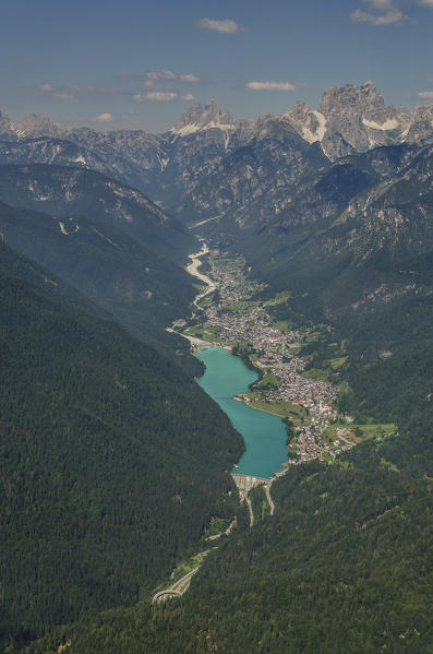 Auronzo di Cadore, Three Peaks of Lavaredo, Santa Caterina's lake, Belluno, Veneto, Dolomites, Italy. Auronzo di Cadore and his lake named Santa Caterina.