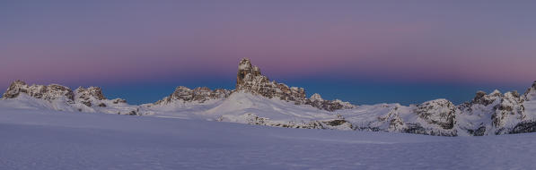 Piana Mount, Drei Zinnen, Three Peaks of Lavaredo, Tre Cime di Lavaredo, Belluno, Dolomites, Veneto, South Tyrol, Italy. Venus Belt behind Three Peaks of Lavaredo.