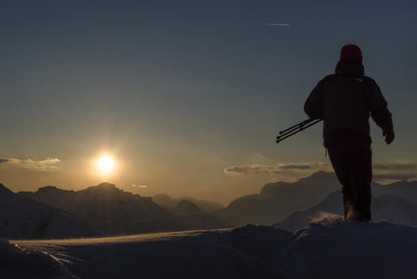 Giau Pass, Cortina d'Ampezzo, Dolomiti, Dolomites, Veneto, Italy. Hiker at Giau pass