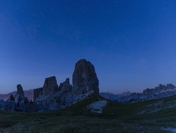Cinque Torri, Falzarego Pass, Cortina d'Ampezzo, Dolomiti, Dolomites, Veneto, Italy. Cinque Torri at blue hour