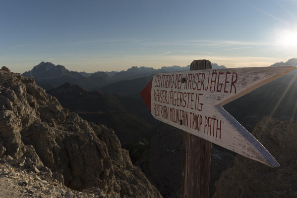 Lagazuoi mount, Falzarego Pass, Cortina d'Ampezzo, Dolomiti, Dolomites, Belluno, Veneto, Italy. Kaiserjager path