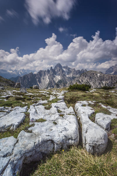 The Cadini of Misurina observed from Lavaredo's clearing. Three Peaks Of Lavaredo, Sesto Dolomites, Veneto, Italy.