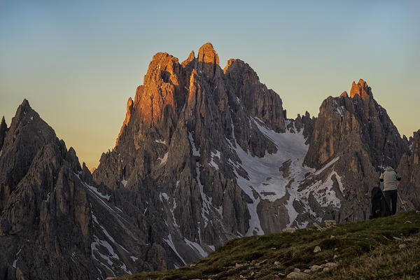 Three Peaks Of Lavaredo, Sesto Dolomites, Veneto, Italy. The Cadini of Misurina observed from Monte Campedelle during a beautiful dawn