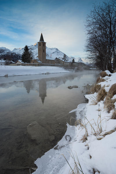 Sils, Engadine, Switzerland. The church of Sils at dawn.