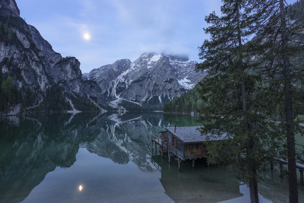 Braies / Prags, Dolomites, South Tyrol, Italy. The Lake Braies with half-moon / Pragser Wildsee