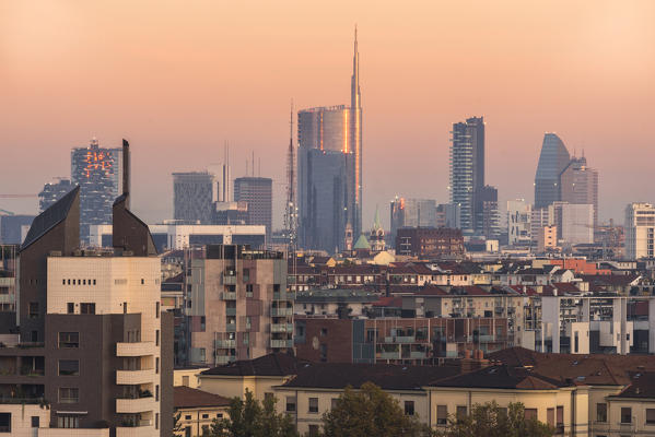 Milan, Lombardy, Italy. Sunset over Milan's Skyline