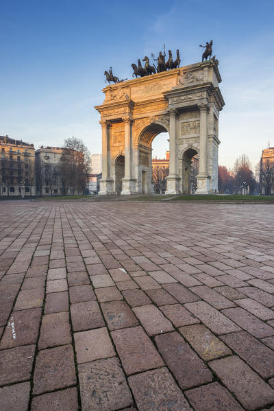 Milan, Lombardy, Italy. Porta Sempione or Arco della Pace at sunrise