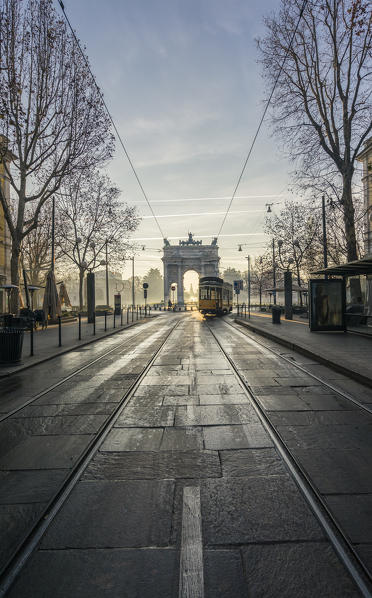 Milan, Lombardy, Italy. Classic tram of Milan