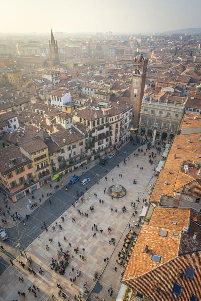 Verona, Veneto, Italy. The view of Piazza delle Erbe seen from the Tower of Lamberti.