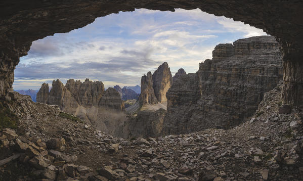 Sesto/Sexten, Dolomites, South Tyrol, province of Bolzano, Italy. View from a recovery of the First World War on Tre Cime/Drei Zinner and Croda Passaporto