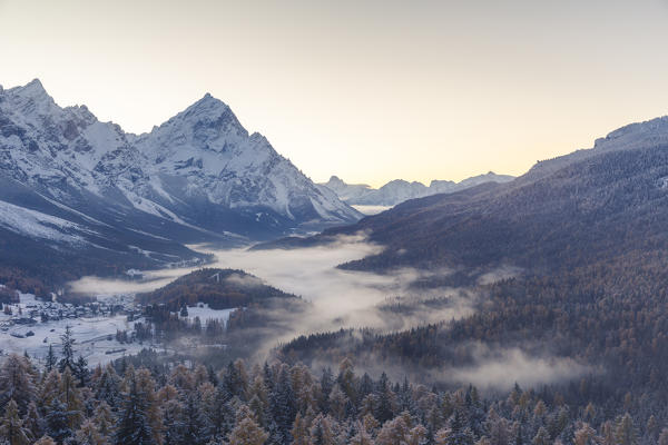 Italy,Veneto,Belluno district,Cortina d'Ampezzo,the first snow of autumn covers the valley