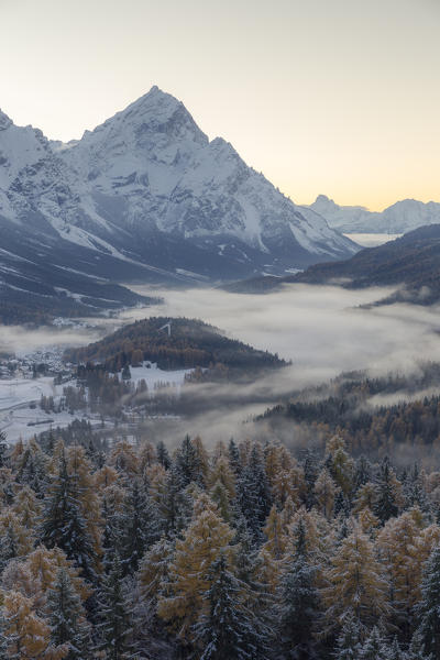 Italy,Veneto,Belluno district,Cortina d'Ampezzo,the first snow of autumn covers the valley