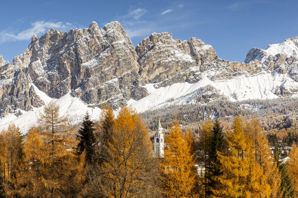 Italy,Veneto,Belluno district,the autumn larch trees frame the bell tower of Cortina d'Ampezzo