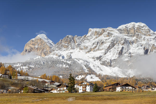 Italy,Veneto,Belluno district,Cortina d'Ampezzo,a bright autumn morning with the first snow in mountains