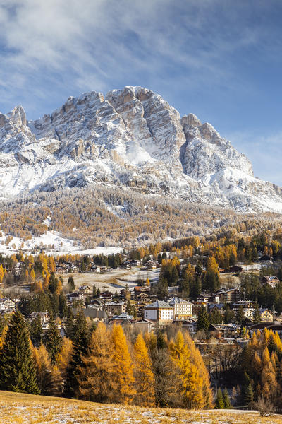 Italy,Veneto,Belluno district,Cortina d'Ampezzo,a bright autumn morning with the first snow in mountains