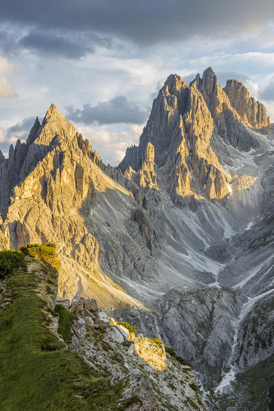 Italy,Veneto,Belluno district,Auronzo di Cadore,sunset lights emphasize the spiers of the Cadini di Misurina group